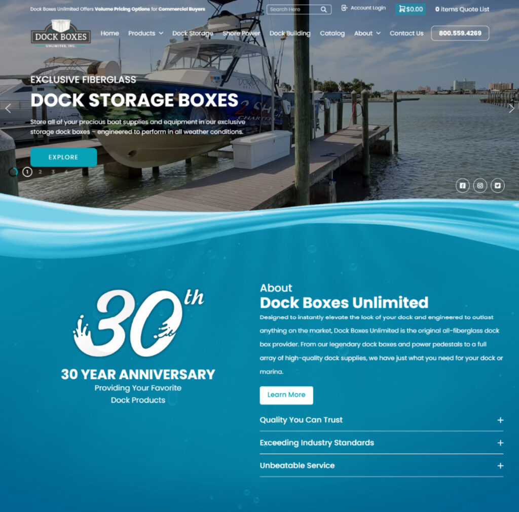 Dock boxes unlimited website design | itvibes Dock Boxes Unlimited Home Page Web Design by Itvibes