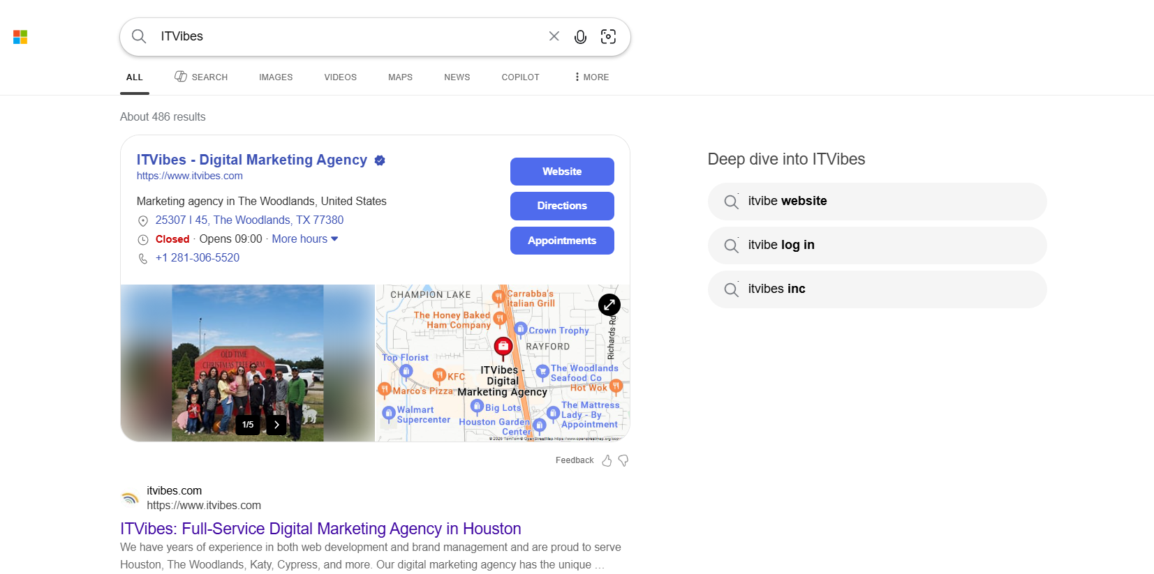 Bing Search Results Page Showing a Digital Marketing Agency Listing with Business Details Map Location and Website Link