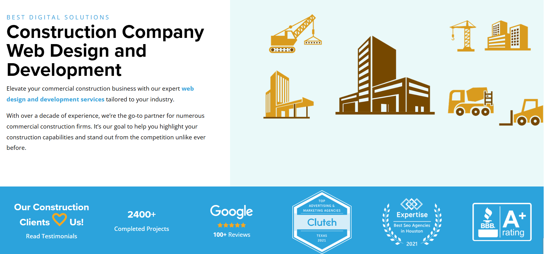 Construction Web Design Banner with Crane and Building Graphics