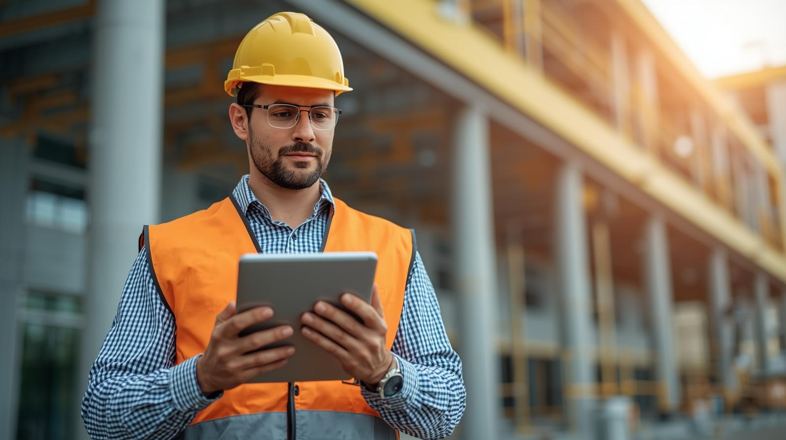 a Professional Contractor in a Hard Hat and Safety Vest Standing Confidently in Front of a Modern Construction Site Looking Thoughtfully at a Tablet Displaying Charts and Graphs Related to Online Marketing Seeking Paid Ads or Seo Services for Construction Business Marketing Photorealistic Style Warm Inviting Colors Medium Shot