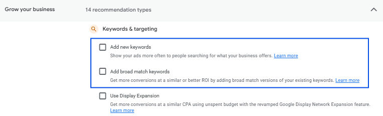 May blog screenshot 4 2026 04 28 | itvibes Screenshot of a Google Ads Keywords Targeting Panel Showing Three Options with Checkboxes Add New Keywords Add Broad Match Keywords and Use Display Expansion