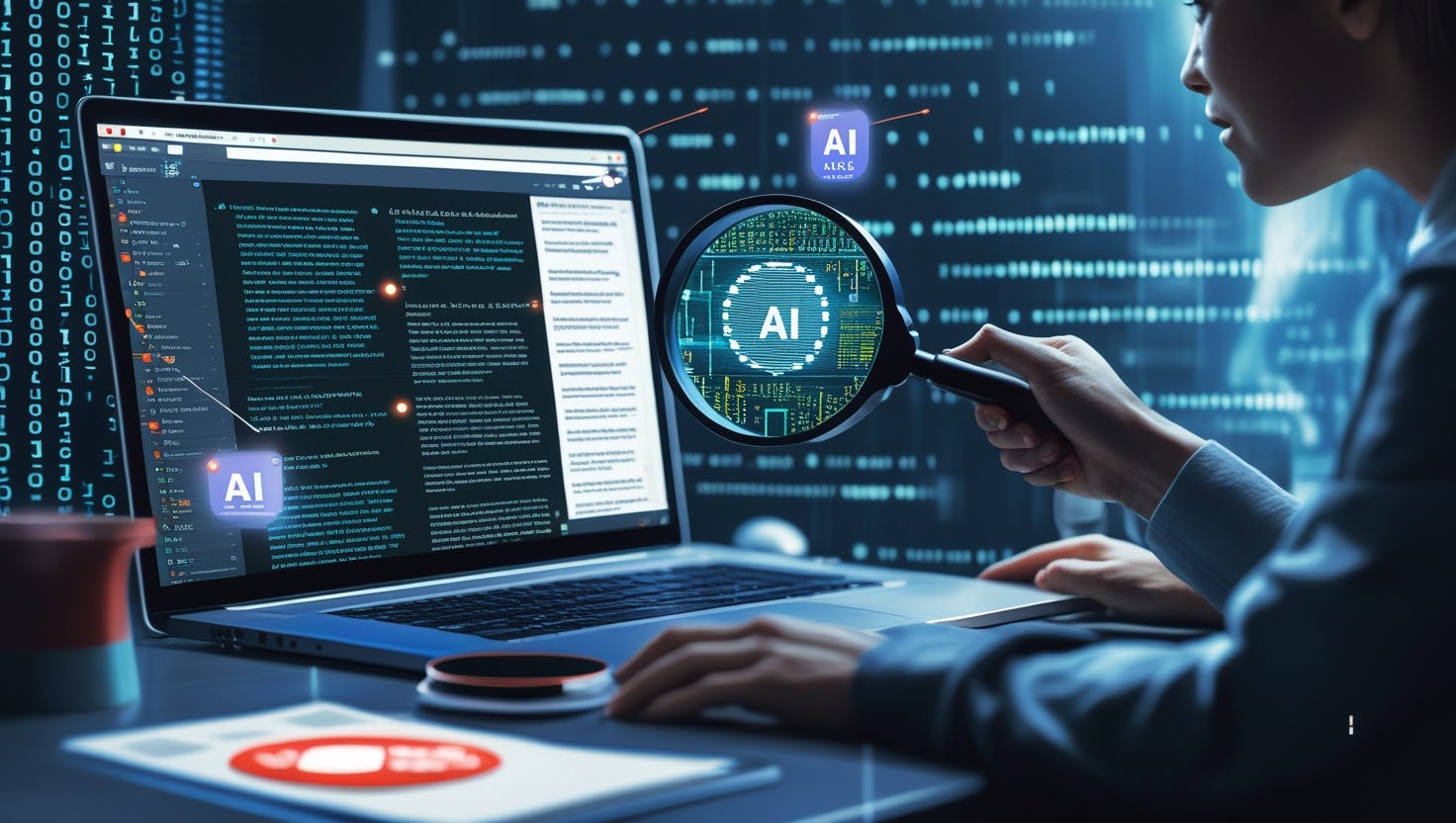 Person Examines Ai focused Code on a Laptop Screen Magnified by a Handheld Glass with Ai Icons Around the Display