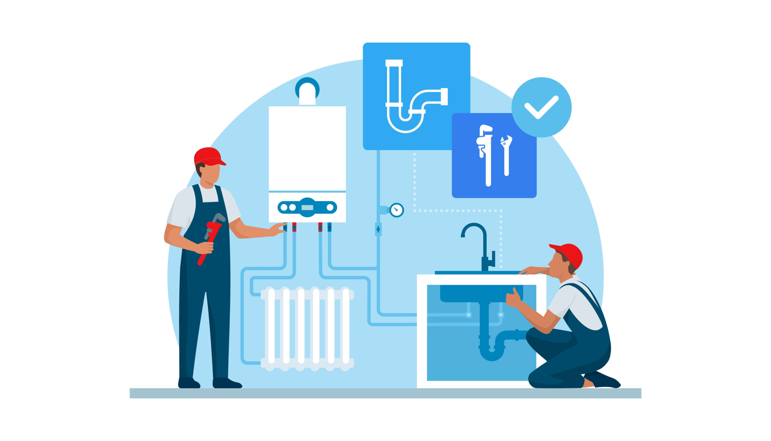 Professional plumber and heating engineer at work, they are checking the boiler and home plumbing.