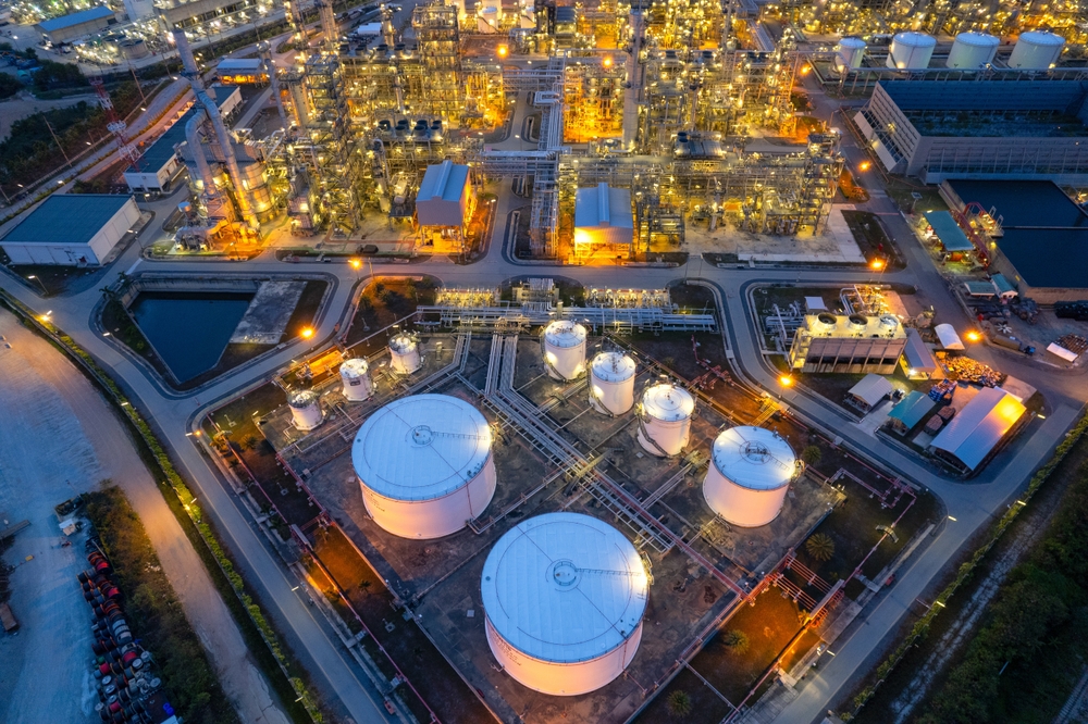 Aerial view Industry Oil refinery oil and gas refinery background, Business petrochemical industrial, Refinery oil and gas factory power and fuel energy, Ecosystem estates. Fuel refinery industry.